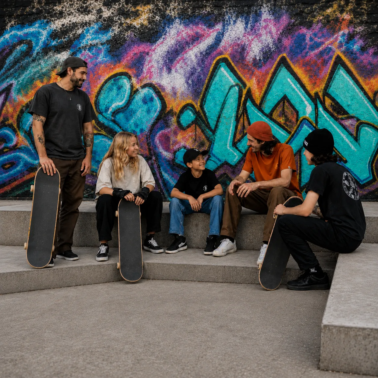 Riders du club de tous âges, planches à la main, discutent devant un mur de graffitis