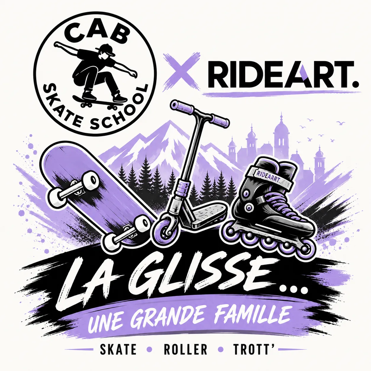 Visuel du partenariat CAB Skate School × RIDEART : skate, roller et trottinette